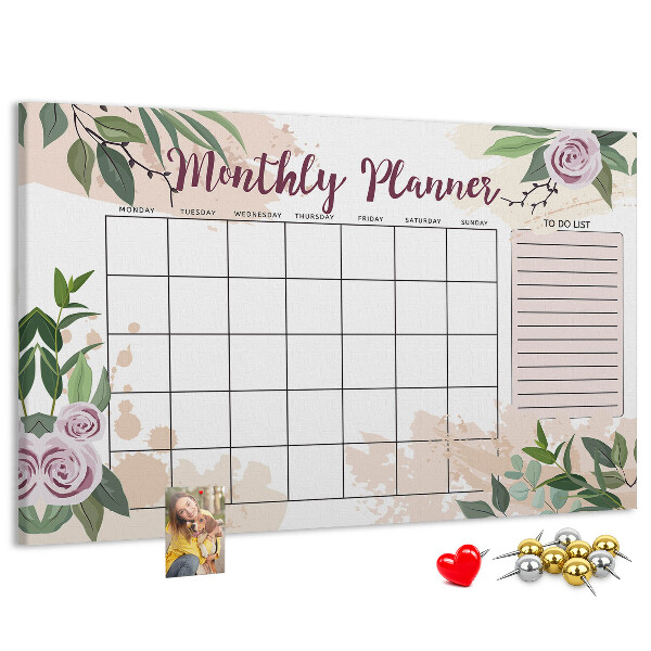 Kurken prikbord maandkalender met bloemenaccenten