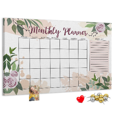 Kurken prikbord maandkalender met bloemenaccenten