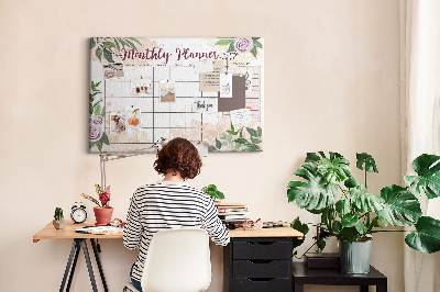 Kurken prikbord maandkalender met bloemenaccenten
