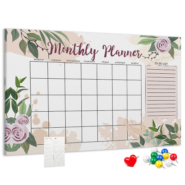 Kurken prikbord maandkalender met bloemenaccenten