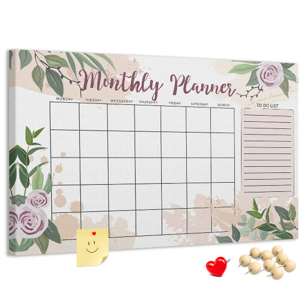 Kurken prikbord maandkalender met bloemenaccenten