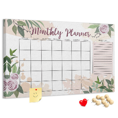 Kurken prikbord maandkalender met bloemenaccenten