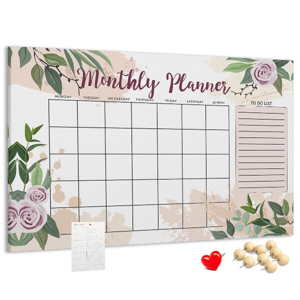 Kurken prikbord maandkalender met bloemenaccenten