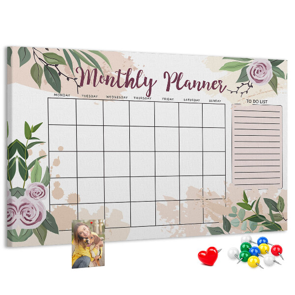 Kurken prikbord maandkalender met bloemenaccenten