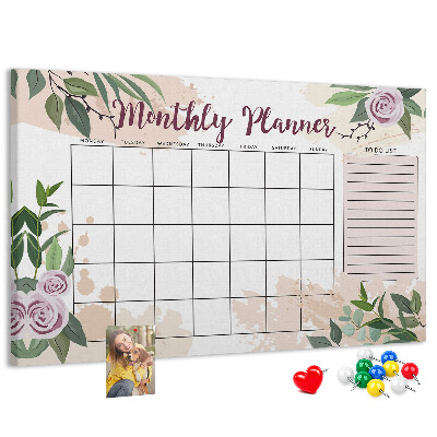 Kurken prikbord maandkalender met bloemenaccenten