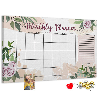 Kurken prikbord maandkalender met bloemenaccenten
