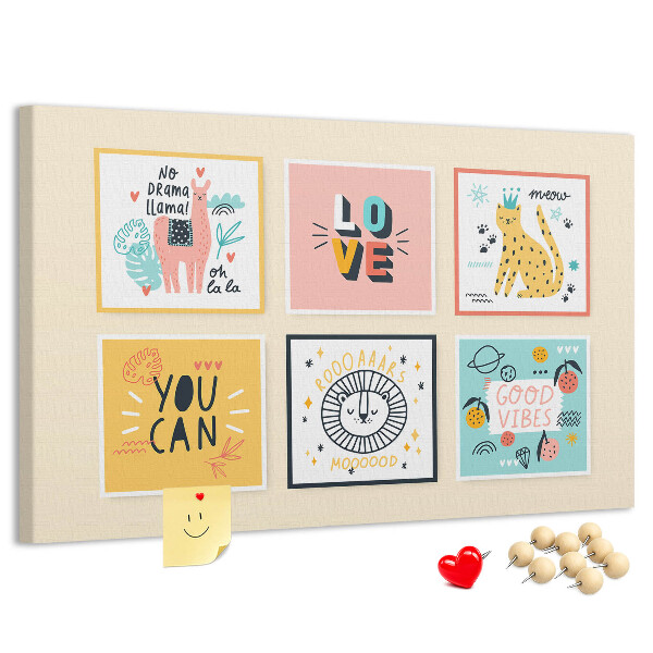Kurken prikbord met kleurrijke afbeeldingen en positieve slogans