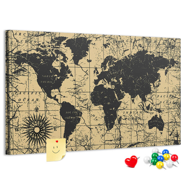Prikbord met een oude wereldkaart in zwart en goud