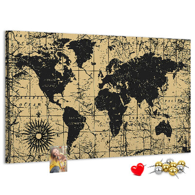 Prikbord met een oude wereldkaart in zwart en goud