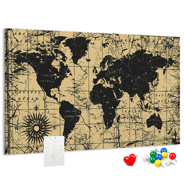 Prikbord met een oude wereldkaart in zwart en goud