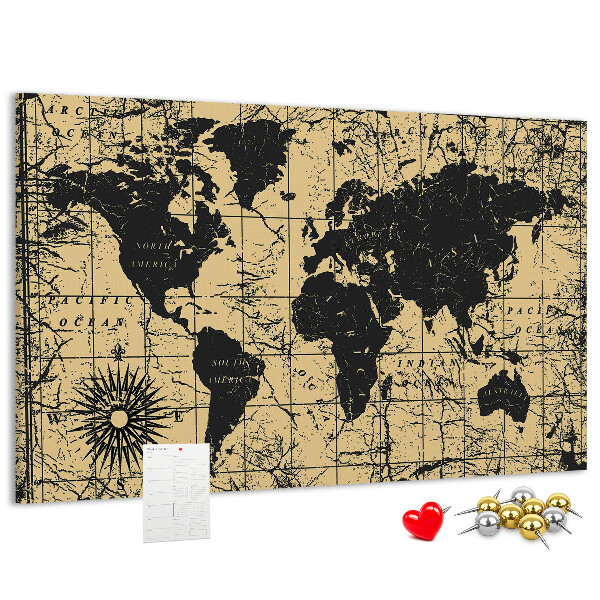 Prikbord met een oude wereldkaart in zwart en goud