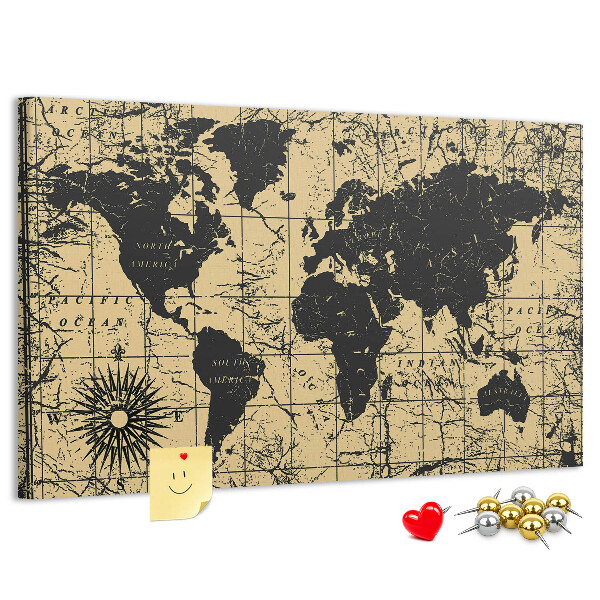 Prikbord met een oude wereldkaart in zwart en goud