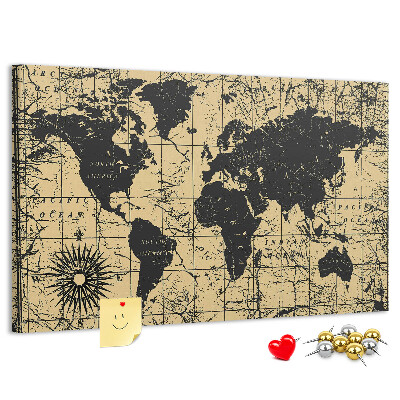 Prikbord met een oude wereldkaart in zwart en goud