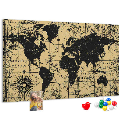 Prikbord met een oude wereldkaart in zwart en goud