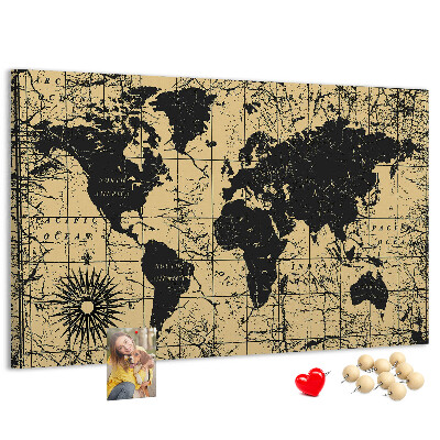 Prikbord met een oude wereldkaart in zwart en goud