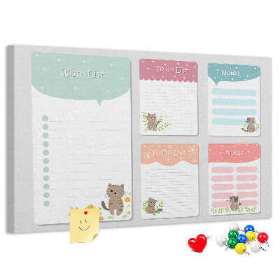 Kurken prikbord met schattige katjes op kleurrijke briefjes
