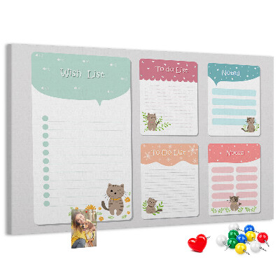 Kurken prikbord met schattige katjes op kleurrijke briefjes