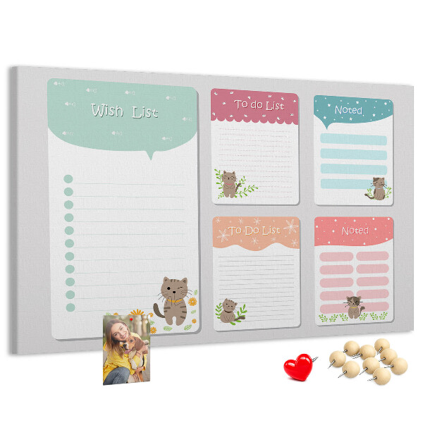 Kurken prikbord met schattige katjes op kleurrijke briefjes
