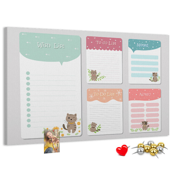 Kurken prikbord met schattige katjes op kleurrijke briefjes