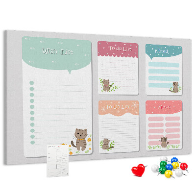 Kurken prikbord met schattige katjes op kleurrijke briefjes