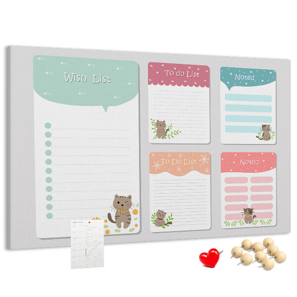 Kurken prikbord met schattige katjes op kleurrijke briefjes