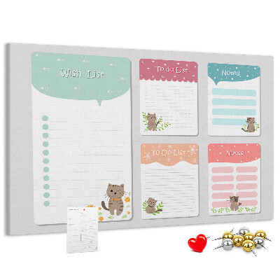 Kurken prikbord met schattige katjes op kleurrijke briefjes