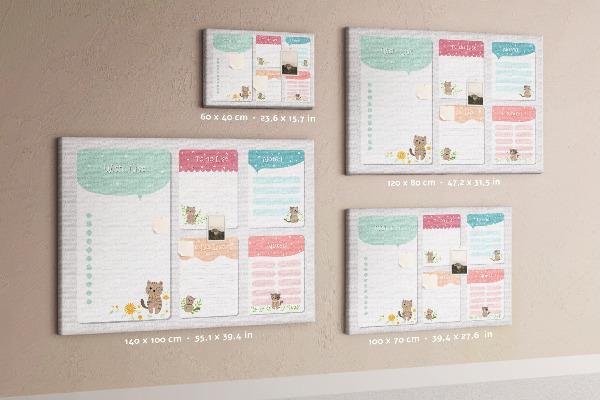 Kurken prikbord met schattige katjes op kleurrijke briefjes