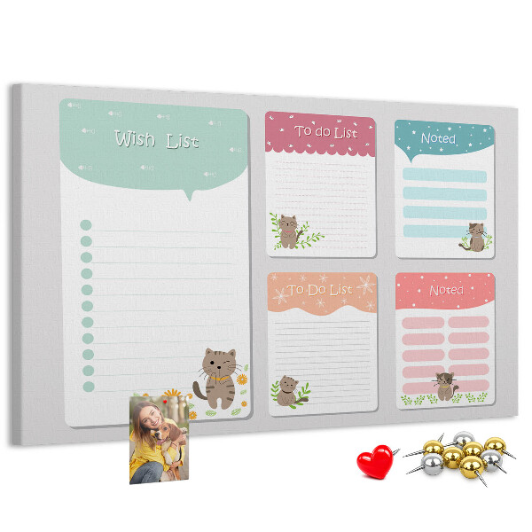 Kurken prikbord met schattige katjes op kleurrijke briefjes
