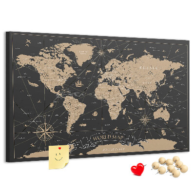 Kurk prikbord zwarte wereldkaart met gouden accenten