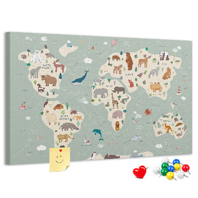 Prikbord met dieren van de wereld op een kleurrijke kaart