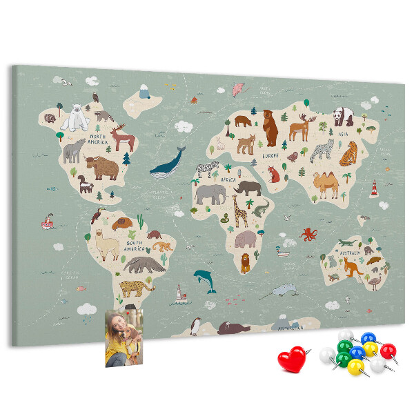 Prikbord met dieren van de wereld op een kleurrijke kaart