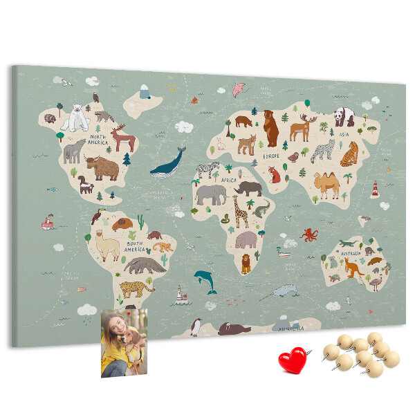 Prikbord met dieren van de wereld op een kleurrijke kaart