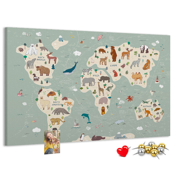 Prikbord met dieren van de wereld op een kleurrijke kaart