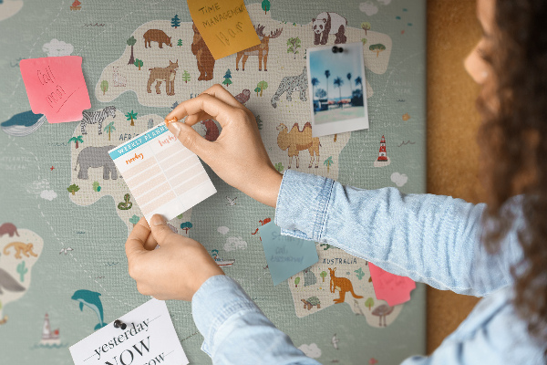 Prikbord met dieren van de wereld op een kleurrijke kaart