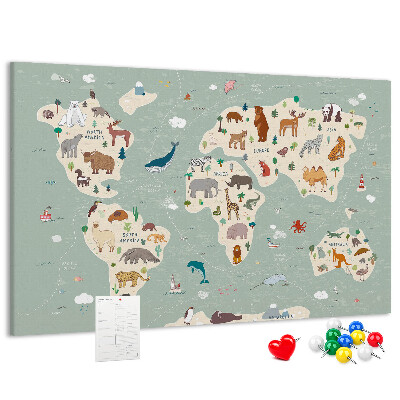 Prikbord met dieren van de wereld op een kleurrijke kaart