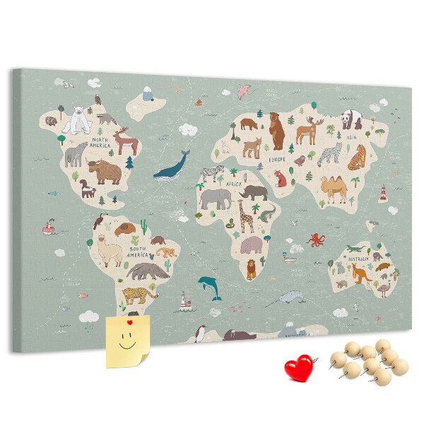 Prikbord met dieren van de wereld op een kleurrijke kaart