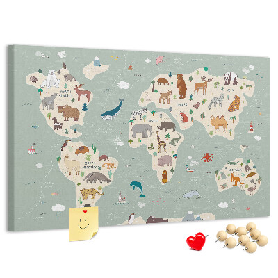 Prikbord met dieren van de wereld op een kleurrijke kaart
