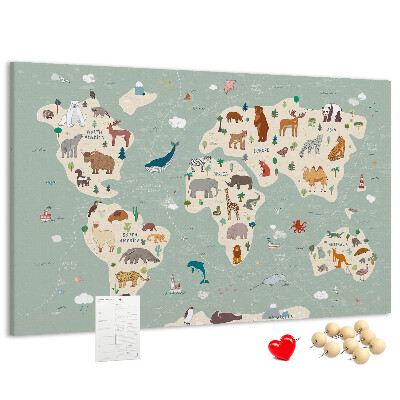 Prikbord met dieren van de wereld op een kleurrijke kaart