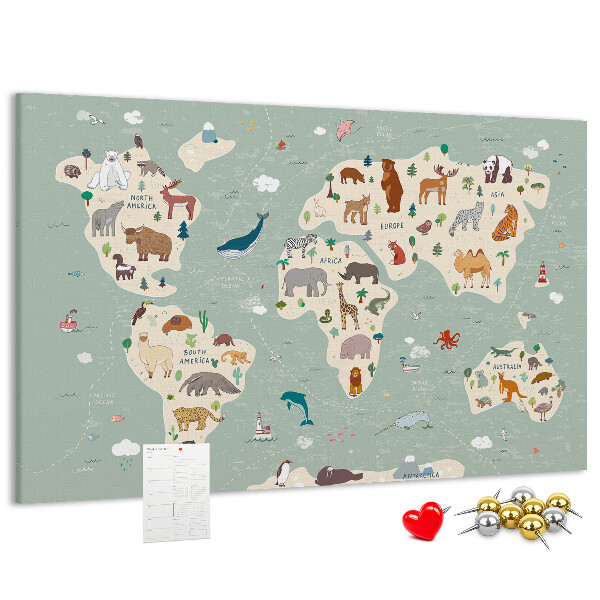 Prikbord met dieren van de wereld op een kleurrijke kaart