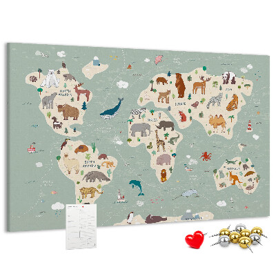 Prikbord met dieren van de wereld op een kleurrijke kaart