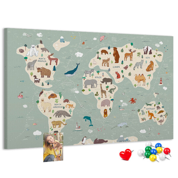 Prikbord met dieren van de wereld op een kleurrijke kaart