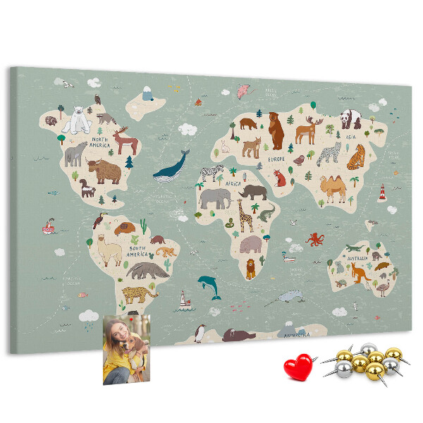 Prikbord met dieren van de wereld op een kleurrijke kaart