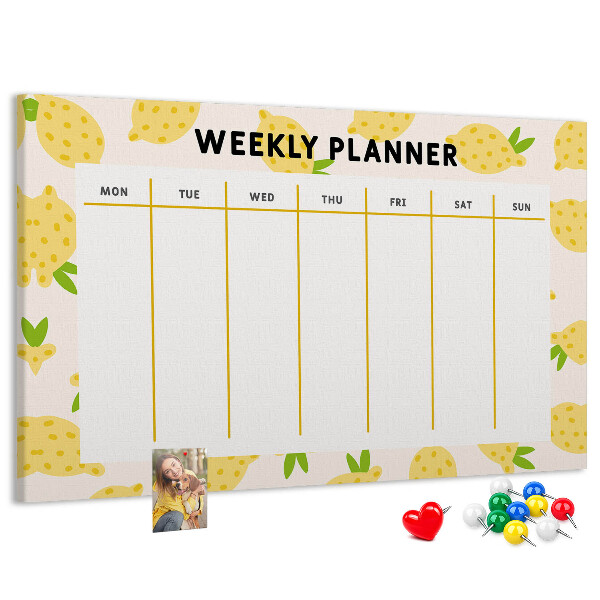 Weekkalender met een citroenmotief en kurk prikbord