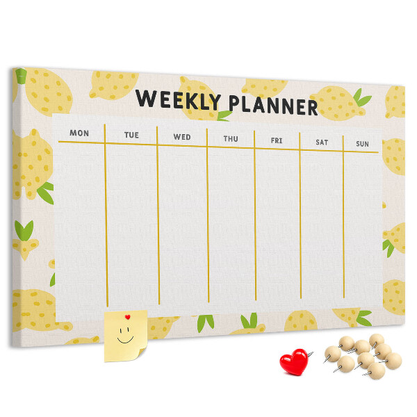 Weekkalender met een citroenmotief en kurk prikbord