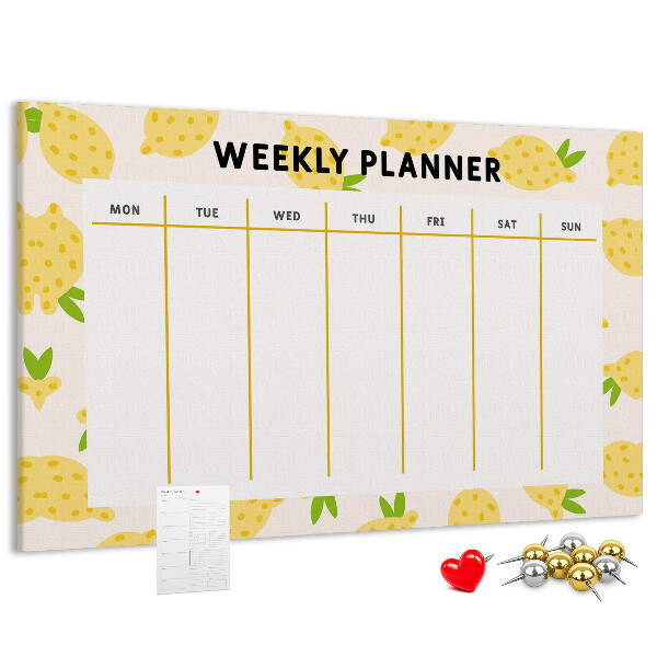 Weekkalender met een citroenmotief en kurk prikbord