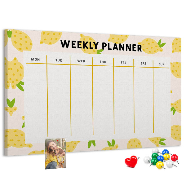 Weekkalender met een citroenmotief en kurk prikbord