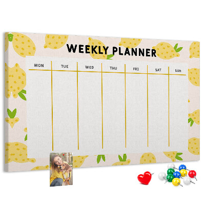 Weekkalender met een citroenmotief en kurk prikbord