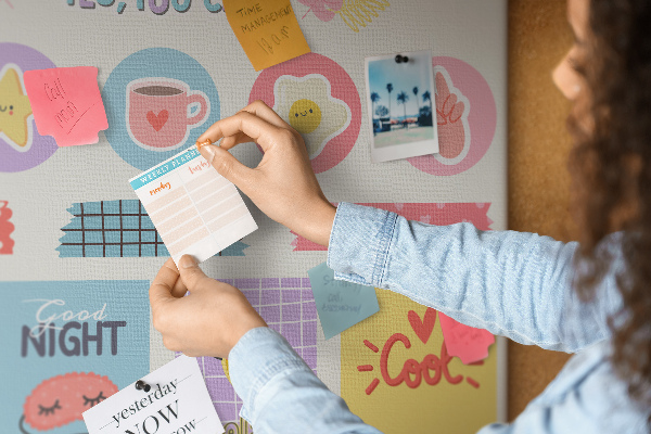 Prikbord met kleurrijke motieven en positieve slogans
