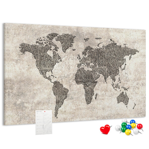 Prikbord met een wereldkaart en krantentextuur