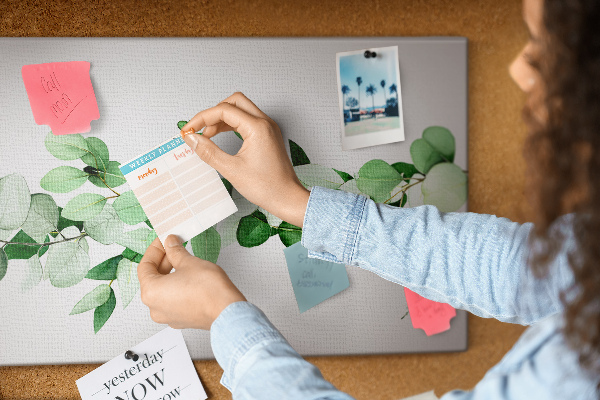 Prikbord met groene bladeren op een lichte achtergrond